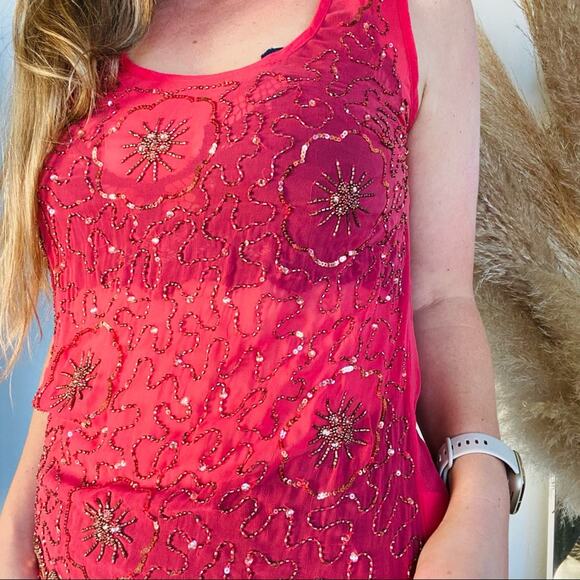 ANTHROPOLOGIE Moulinette Soeurs Pink Red Sequin Sheer Tank Top Blouse Shirt 4 - Picture 3 of 9